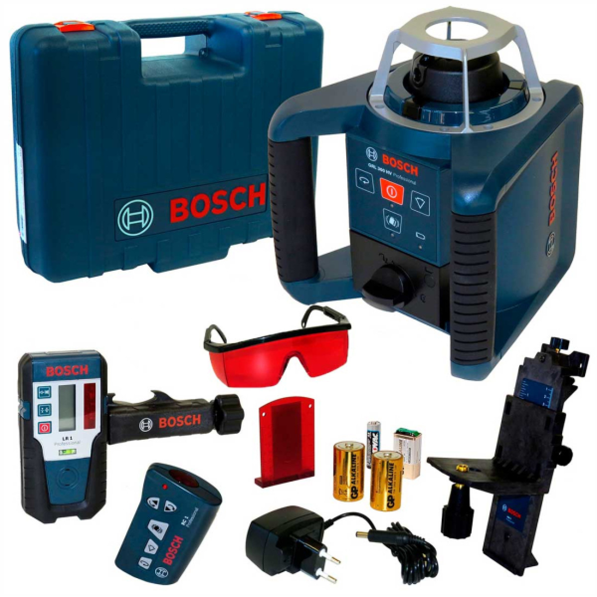 Ротационный лазерный нивелир Bosch Professional GRL 300 HV в чемодане с приемником LR1, пультом RC1, держателем WM 4, с/у, очками, мишенью (0601061501)