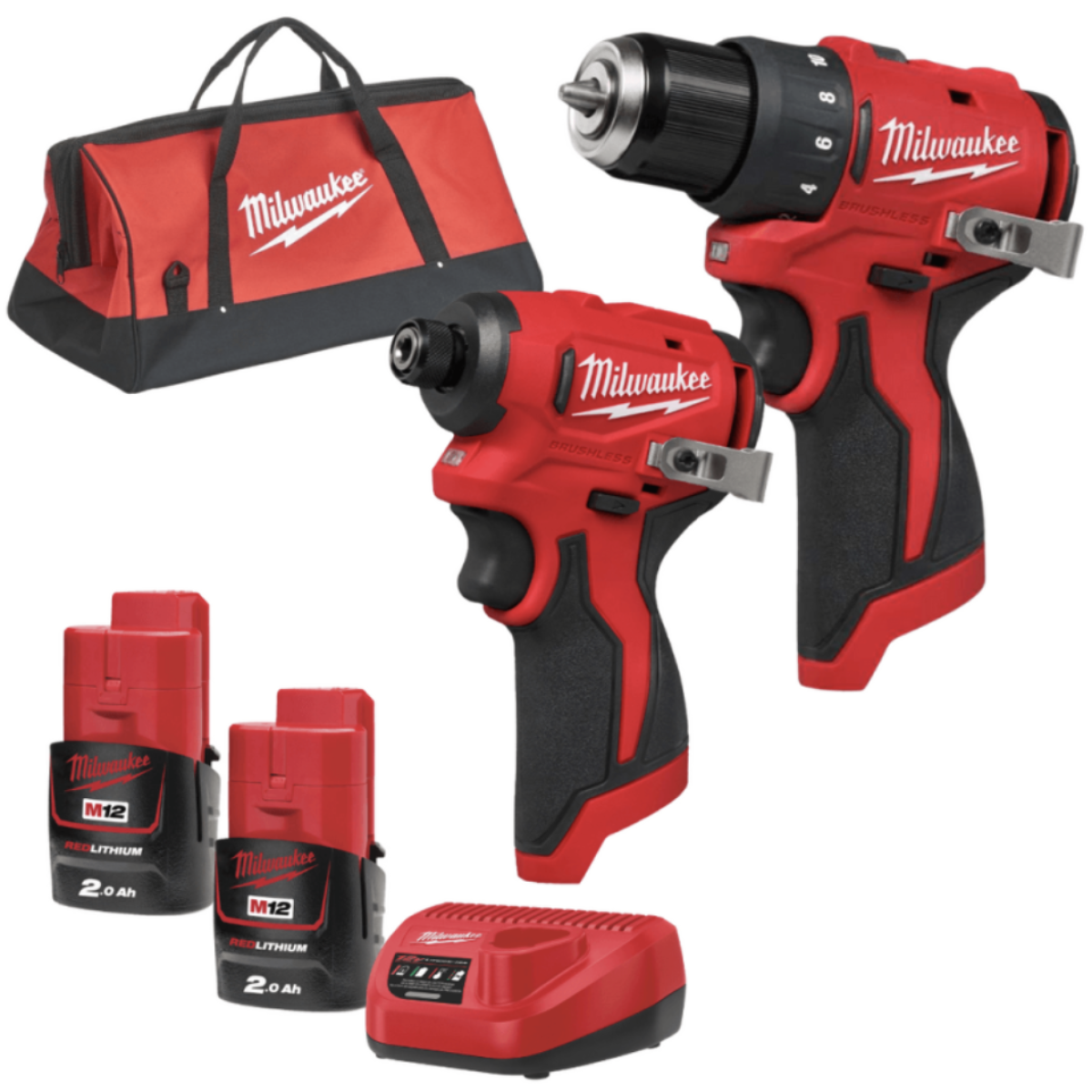 Набір акумуляторних інструментів Milwaukee M12 BLPP2D-202B (BLDDRC.BLIDRC.ЗУ+2акк.Х2Ач+сумка) (4933500139)