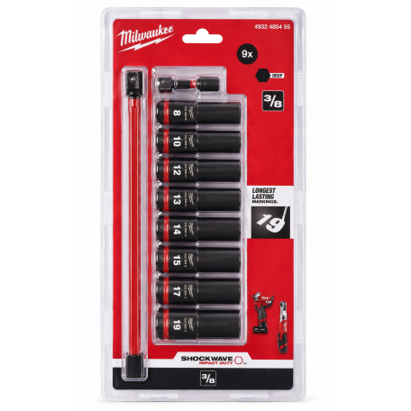 Набор головок ударных ShW 3/8" STD MILWAUKEE (8-19мм+ переходник) удлиненных на планке (9шт) (4932480455)