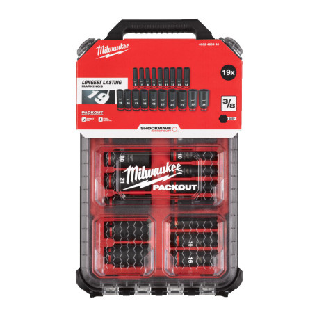 Набор головок ударных ShW 3/8" STD PACKOUT™ MILWAUKEE, удлиненных, (6-24 мм), 19 шт (4932480946)