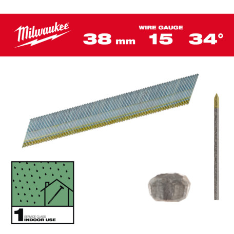 Гвозди оцинкованные с D-образной головкой MILWAUKEE, 15G/34°/38мм, (2500шт) (4932492575)