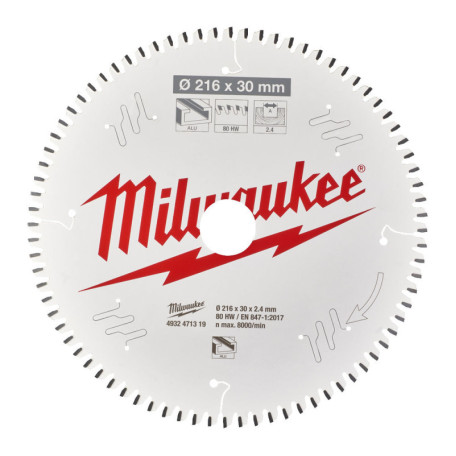 Диск пильный Milwaukee для торцовочной пилы, по алюминию, 216x30x2.4 мм 80Z (4932471319)